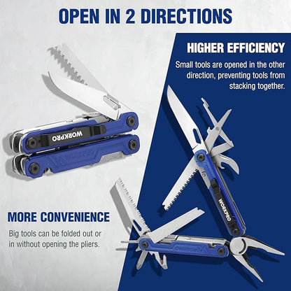WORKPRO 18-in-1 Multi Tool Pliers, Stainless Steel EDC Multitool with Pocket Knife, 2 Safety Locks, Belt Clip and Oxford Pouch, Multipurpose Utility Multiuse Tool for Camping Outdoor Activities