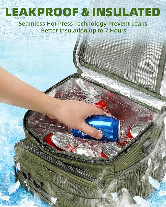 Tactical Lunch Box, RalChyez 13L Large Insulated Lunch Bag MOLLE Webbing Leakproof Thermal Cooler with Shoulder Strap Lunch Pail for Adult Men Women Office Work Camping Picnic Travel Green