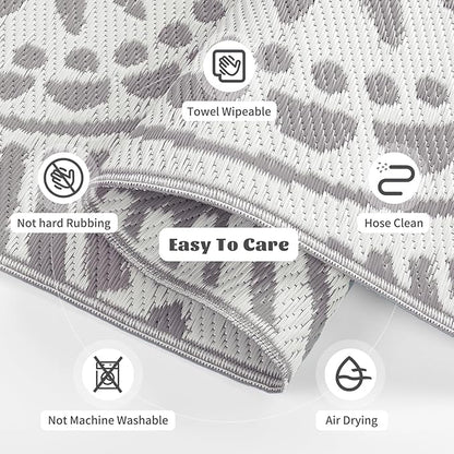 Ileading Large Plastic Outdoor Rug 9x12ft Modern Geometric Style Reversible Patio Area Rugs Waterproof Non Shedding Portable Carpets for Rv Outside Deck Pool Beach Picnic Camping (Grey)