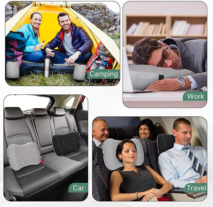 2 Pack Camping Pillow Inflatable Travel Pillow with Removable Cover Backpacking Pillow Blow up Pillow Neck Air Pillow Compressible for Lumbar Support, Travel, Hiking, Black and Grey