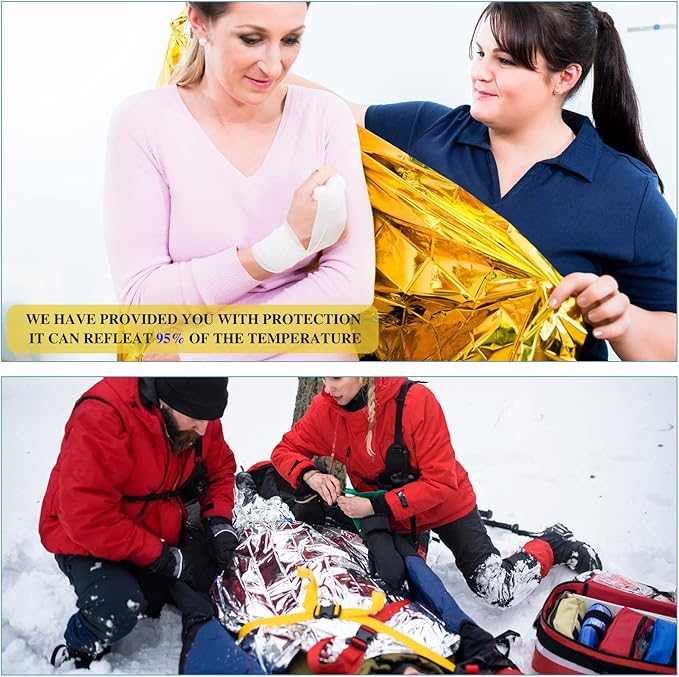 Macarrie 100 Pack Emergency Thermal Blankets Silver Foil Survival Blanket Space Blanket Survival Kit for Outdoors, Camping, Hiking, Homeless, Survival or First Aid (Gold,Silver)