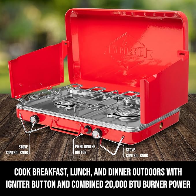 Hike Crew Gas Camping Stove | 20,000 BTU Portable Propane 2 Burner Stovetop | Integrated Igniter & Stainless Steel Drip Tray | Built-in Carrying Handle, Foldable Legs, Wind Panels | Includes Regulator