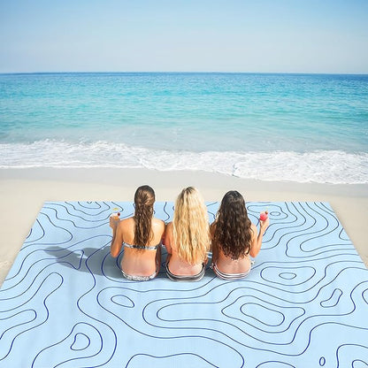 Beach Blanket Waterproof Sandproof, 78''×86'' Large Sand Free Picnic Blanket for 1-4 Adults, Big Foldable Blue Beach Travel Mat with 4 Stakes & Corner Pockets for Outdoor, Grass, Park, Patio