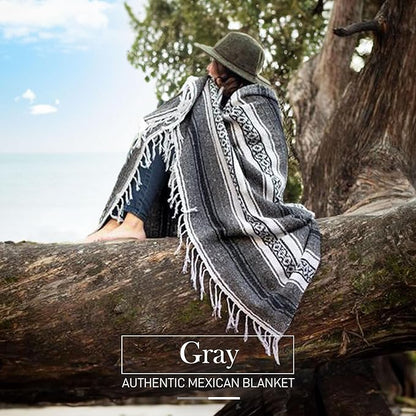 Authentic Extra Large Mexican Blanket (70"x50") - Handwoven Yoga Blanket, Serape Blanket - Artisanal Falsa Blanket, Beach Blanket, Camping Blanket, Picnic Blanket, Outdoor Blanket (Gray)