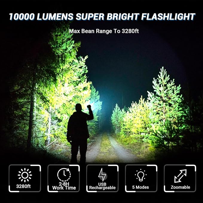 FZH Flashlights High Lumens Rechargeable 2PC 10000LM LED Infinitely Dimmable Super Bright USB Flash Light Powerful Handheld Tactical Torch, 5 Modes, Waterproof for Outdoor Emergencies Camping