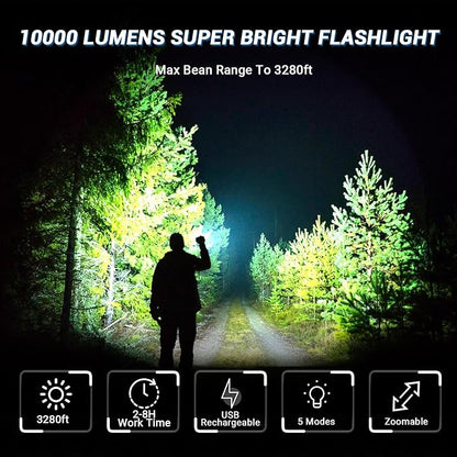 FZH Flashlights High Lumens Rechargeable 2PC 10000LM LED Infinitely Dimmable Super Bright USB Flash Light Powerful Handheld Tactical Torch, 5 Modes, Waterproof for Outdoor Emergencies Camping