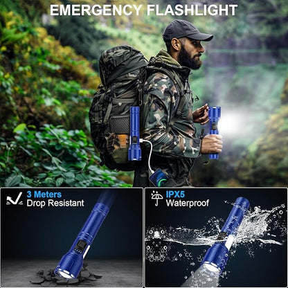 Flashlights 100,000 High Lumens Rechargeable - Super Bright LED Magnetic Flashlight with Sidelight 8 Modes Waterproof Powerful Handheld Flash Light for Emergency (1 Pack with Leather Box, Blue)