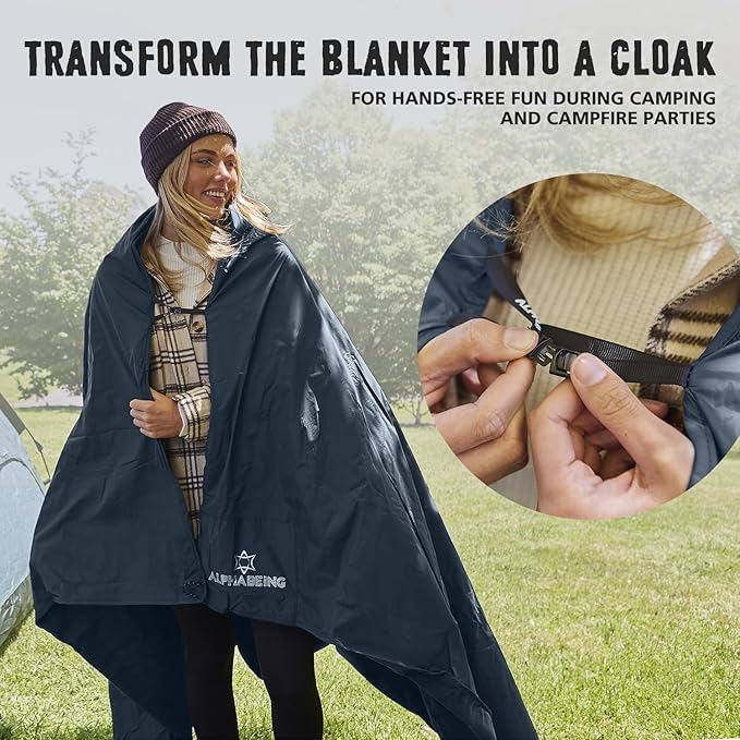 AlphaBeing Waterproof Outdoor Blanket with Merino Wool, Extra Thick Warm, Windproof, Packable Stadium Blankets for Cold Weather, Camping Gift, Pet, Car, Picnic, Concerts, 79" x 59", Navy