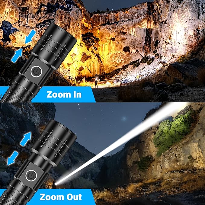Flashlights High Lumens Rechargeable 20,000LM Super Bright LED Flashlight with Dimmable, Zoomable Beam Tactical Flash Lights, 6Modes Small Powerful Waterproof Flashlight for Camping Emergencies Home