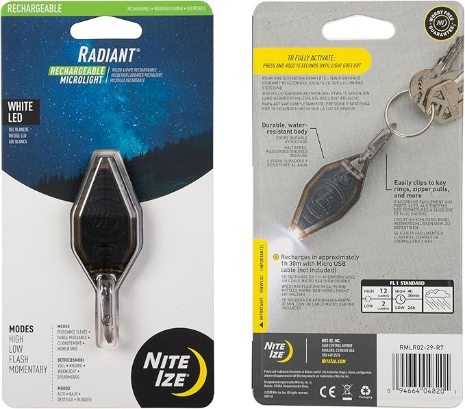 Nite Ize Radiant Rechargeable Microlight - Rechargeable Keychain Flashlight with LED Light - Microlight for Travel, Camping, Car Key Keychain & House Key Keychain - 12 Lumen Light