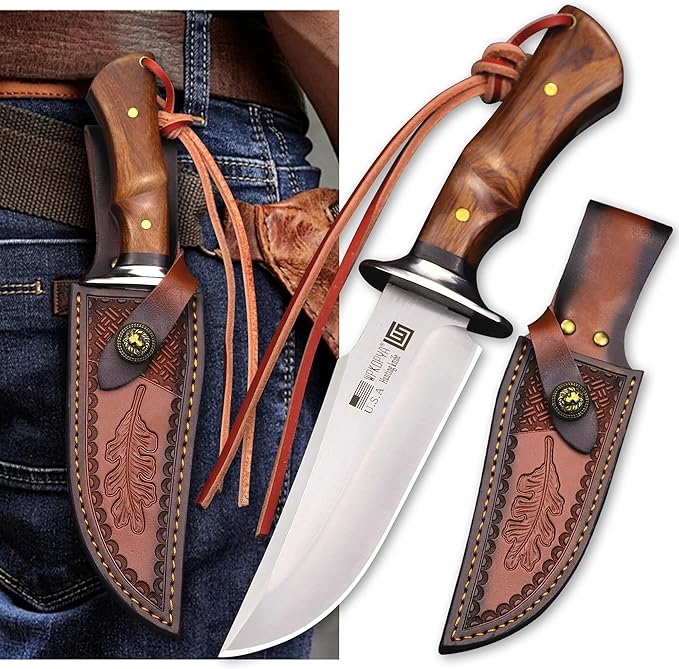 (USA 440C Steel Hunting Straight Knife + Sheath, 10.5 "Full Tang Fixed Blade, Yellow Pear Wood Handle, Outdoor, Camping and Survival, Men's, Women's cCamping Gift (WK01A)