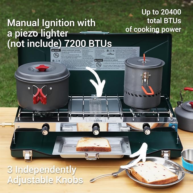 Camping Stove 3 Burner 20400 BTU Propane Portable Stove with Regulator, Toast Tray, Windshield for Car Camping BBQ Picnics Outdoor Cooking Camping Gas Stove
