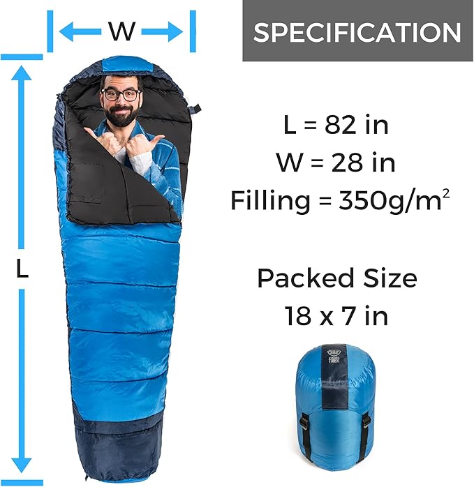 Viking Trek 350x Lightweight Adult Sleeping Bag – Warm & Breathable, Compact Camping Gear for Hiking and Backpacking - Camping Essentials - Includes 100% Waterproof Stuff Sack