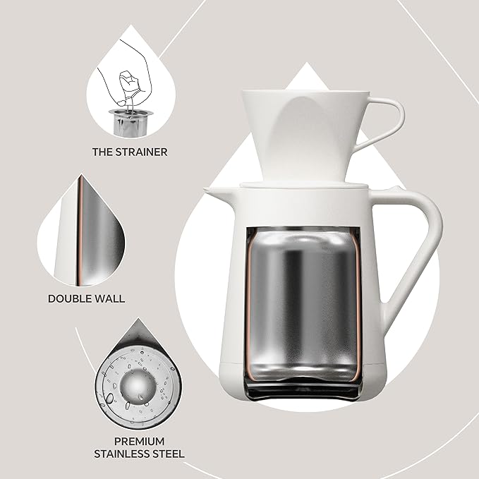 Ideus Insulated Pour Over Coffee Maker Set 20oz, Stainless Steel Coffee Pot Pour Over Set Camp Coffee Carafe BPA-Free with Dripper and Tea Infuser for Home, Office & Camping (White)