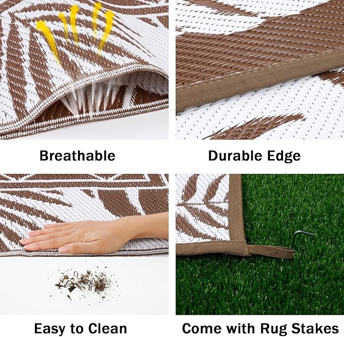 Ileading Outdoor Rug Carpet for Patio 6' x9' Waterproof Reversible Plastic Straw Rug Portable Outside Area Rug Camping Mat for Patio, Clearance, Balcony, Picnic, Pool, Beach, RV, Deck, Leaf Brown