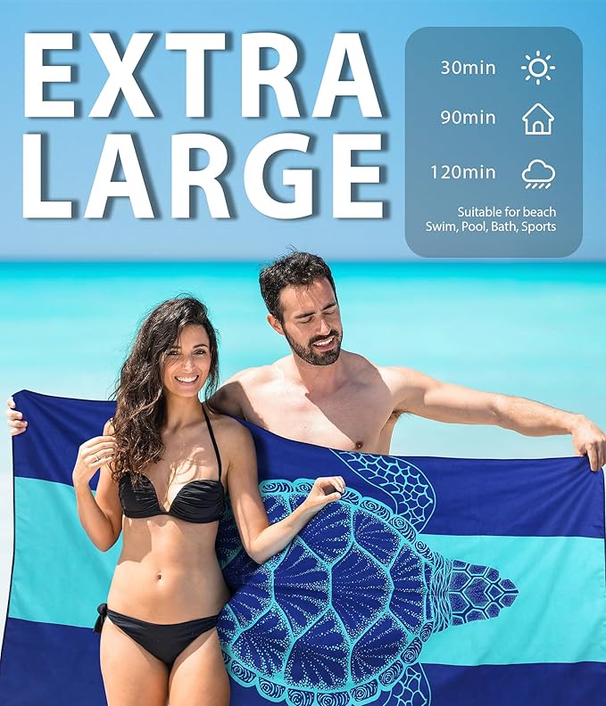 Microfiber Beach Towel–Green Striped Turtle Quick Dry Lightweight Sand Free Oversized Large Towel Accessories Travel Must Have Essentials Packable Sandproof Resistant Gift