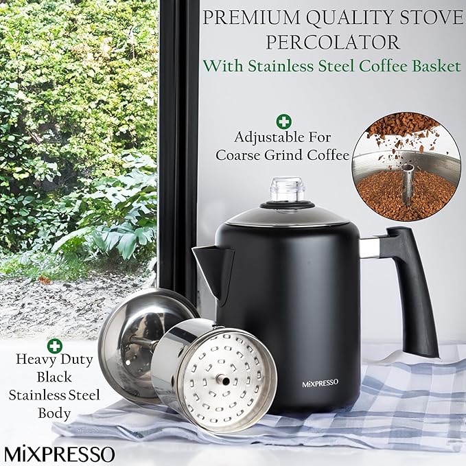 Mixpresso Black Stainless Steel Coffee Percolator Stovetop, 37oz Classic Percolator Coffee Pot, Excellent For Camping Pot, 5-8 Cup Stove Top Coffee Maker, Cool-Touch Handle