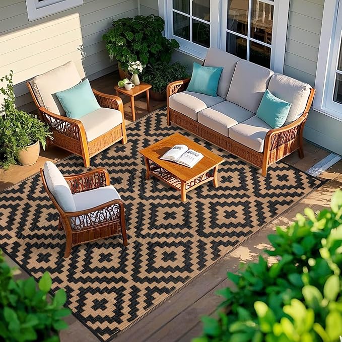 Outdoor Patio Plastic Straw Rug - 4'x6' Outdoor Camping Rug Waterproof Reversible, Area Carpet Patios Clearance RV, Outside Porch Balcony Deck for Camper, Black & Brown