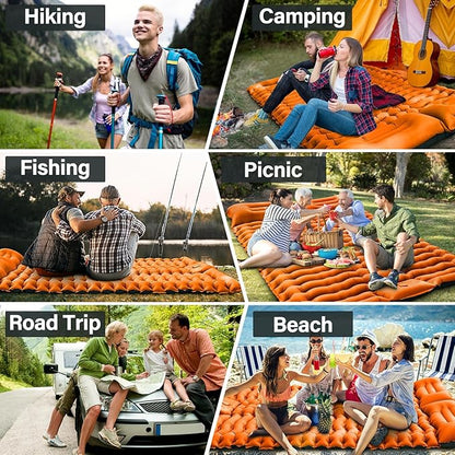 Double Camping Sleeping Pad, Self Inflatable 4'' Extra-Thick 2 Person Pillow Built-in Foot Pump Ultralight Sleeping Mat for Backpacking Tent, Hiking, Traveling-Orange