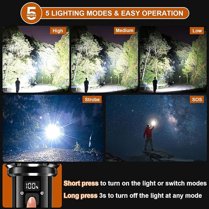 Flashlights High Lumens, Sunitact Flashlight LED Rechargeable, 980000 Lumens XHM90.2 Super Bright Flashlight, Flash Light Battery Powered, Powerful Handheld Flashlight for Home Emergency Hiking Gift