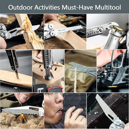 HX OUTDOORS 19 In 1 Multi Tool Pocket Knife Set, Stainless Steel Multitool Pliers with Fire Starter and Glass Breaker, Folding EDC Camping Survival Tools for Men (Silver)