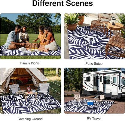 OLANLY Waterproof Outdoor Rug 8x10 ft, Reversible Outdoor Plastic Straw Rug with Leaf Pattern, RV Mat, Indoor Outdoor Carpet for Patio, Camping, Balcony, Deck, Backyard, Navy & White