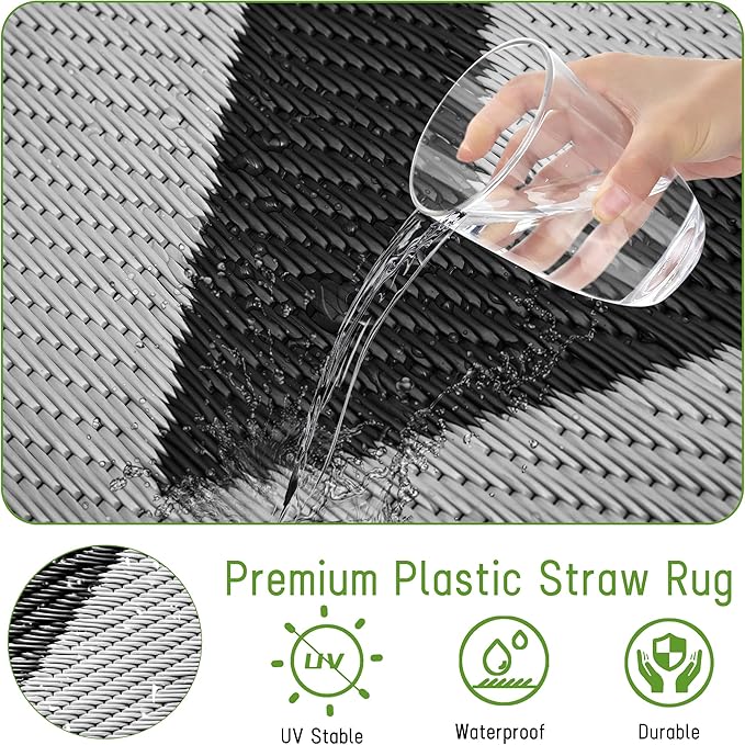 Easy-Going Reversible Outdoor Rugs 4x6ft Waterproof Plastic Straw Rug Stain & UV Resistant Floor Mat for Patio Porch RV Backyard Pool Deck Picnic Beach Trailer Camping (Waved Black & Light Grey)