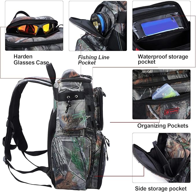 Sougayilang Fishing Tackle Backpack Waterproof Tackle Bag Storage with 4 Trays Tackle Box and Protective Rain Cover for Camping Hiking - Camouflage