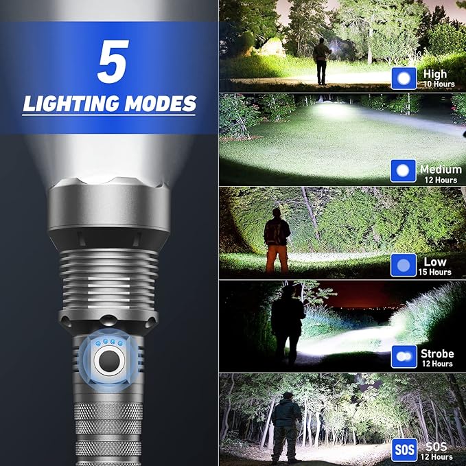 Rechargeable LED Flashlights High Lumens, 990,000 Lumen Brightest Flashlight with 5 Modes and Waterproof, Long Lasting Powerful Handheld Bright Flashlight for Emergencies Camping