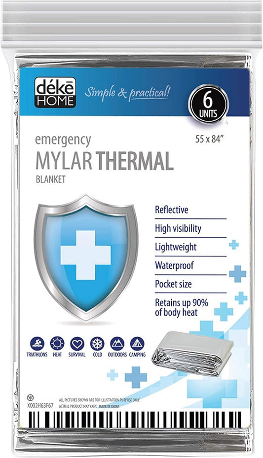 6 Pack Emergency Mylar Thermal Blankets. Space Blanket Survival rescue insulating reflective foil kit Camping Blanket Outdoors Hiking Survival Bug Out Bag car marathons first aid cold/heat (aluminum)