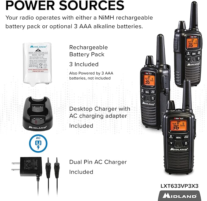 Midland® - LXT633VP3 Walkie Talkies with 36 FRS Channels – Two-Way Radio NOAA Weather Alert & Scan Technology, Dual Power Options, 121 Privacy Codes, Silent Operation, Xtreme Range – Black, Set of 3