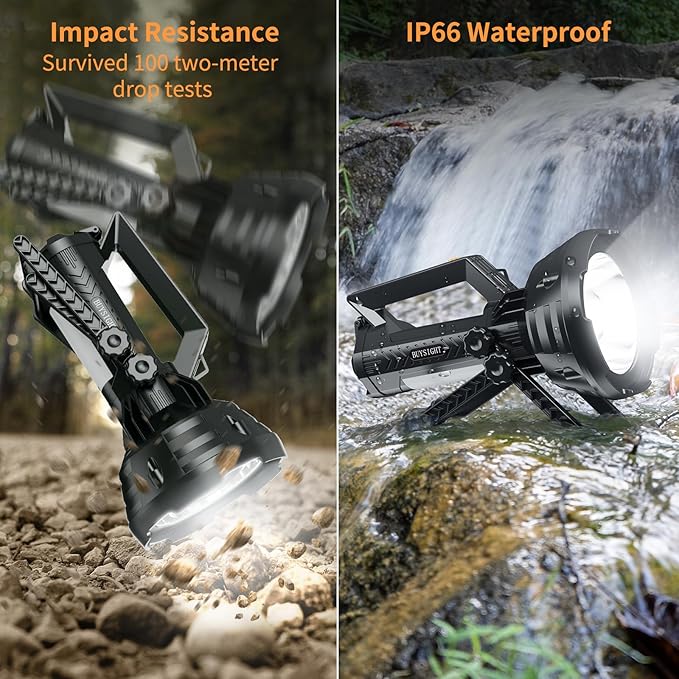 BUYSIGHT Rechargeable Spotlight Flashlight, 1000,000 lumens 600 Yards Range IP65 Waterproof Spot Lights Handheld Large searchlight with red Lens Side Flood Light Light USB C Recharge (Black Plus)