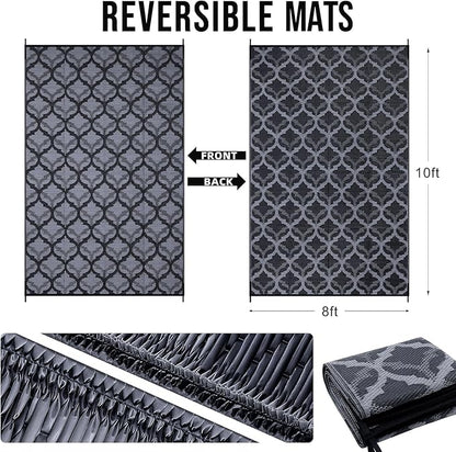 OLANLY Reversible Outdoor Rug 8x10 ft Clearance, Waterproof Outdoor Plastic Straw Rug with Interlacing Pattern, RV Mat for Patio, Camping, Balcony, Deck, Backyard, Black & Grey