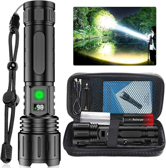LED Flashlights High Lumens Rechargeable, 100000 Lumens Super Bright Powerful Flashlight, Type-C, 5 Modes, Zoomable, IPX5 Waterproof High Powered Tactical Flash Light for Emergency Camping Hiking