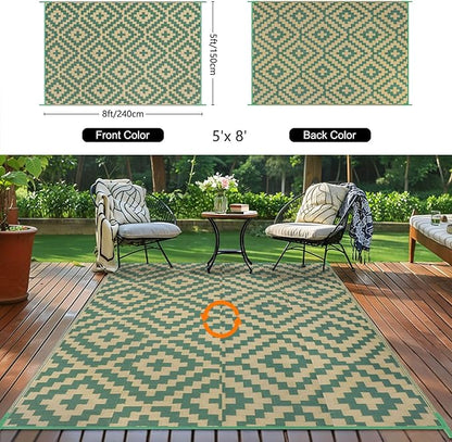 Outdoor Patio Plastic Straw Rug - 5'x8' Outdoor Camping Rug Waterproof Reversible, Area Carpet Patios Clearance RV, Outside Porch Balcony Deck for Camper, Green & Yellow