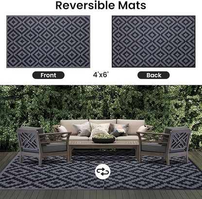 Smiry Waterproof Outdoor Rug 4x6 ft, Reversible Plastic Straw Patio Camping Rugs, Outdoor Indoor RV Mat Carpet for Patio, Outside Entry, Backyard, Deck, Bench, Picnic, Camper, Black & Grey