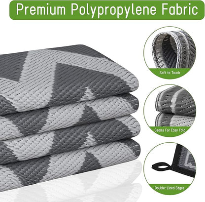 Easy-Going Reversible Outdoor Rugs 5x8ft Waterproof Plastic Straw Rug Stain & UV Resistant Floor Mat for Patio Porch RV Backyard Pool Deck Picnic Beach Trailer Camping (Waved Grey & Light Grey)