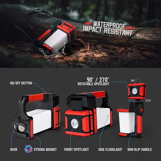 Rechargeable Spotlight, 2000Lumens 270°Rotatable Handheld LED Flashlight Spotlight, Long Lasting Searchlight with Floodlamp, Portable Charger Lantern Flashlight for Farm, Camping, Boat