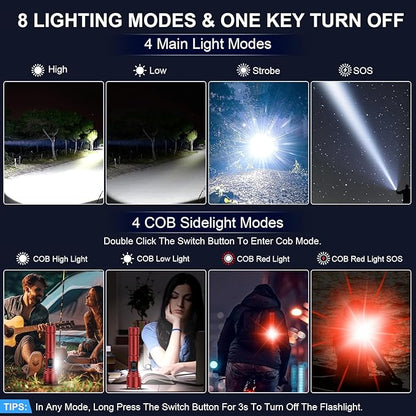 Flashlights 100,000 High Lumens Rechargeable - Super Bright LED Magnetic Flashlight with Sidelight 8 Modes Waterproof Powerful Handheld Flash Light for Emergency (1 Pack with Leather Box, Red)