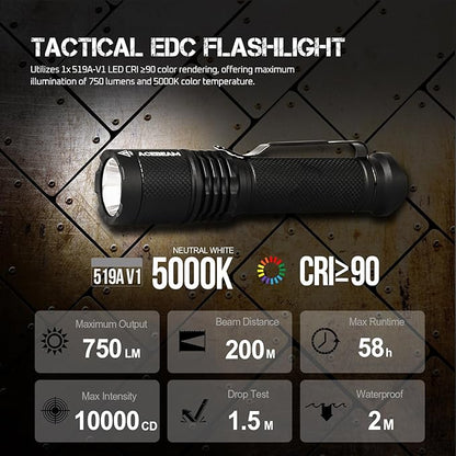 ACEBEAM TAC AA Tactical EDC Flashlight, 750 High Lumens Flashlight Rechargeable, 200 Meters Long Throw Pocket LED Flashlight, Super Bright Small Mini Flashlight, 519A-V1 LED 90+ High CRI Flash Light