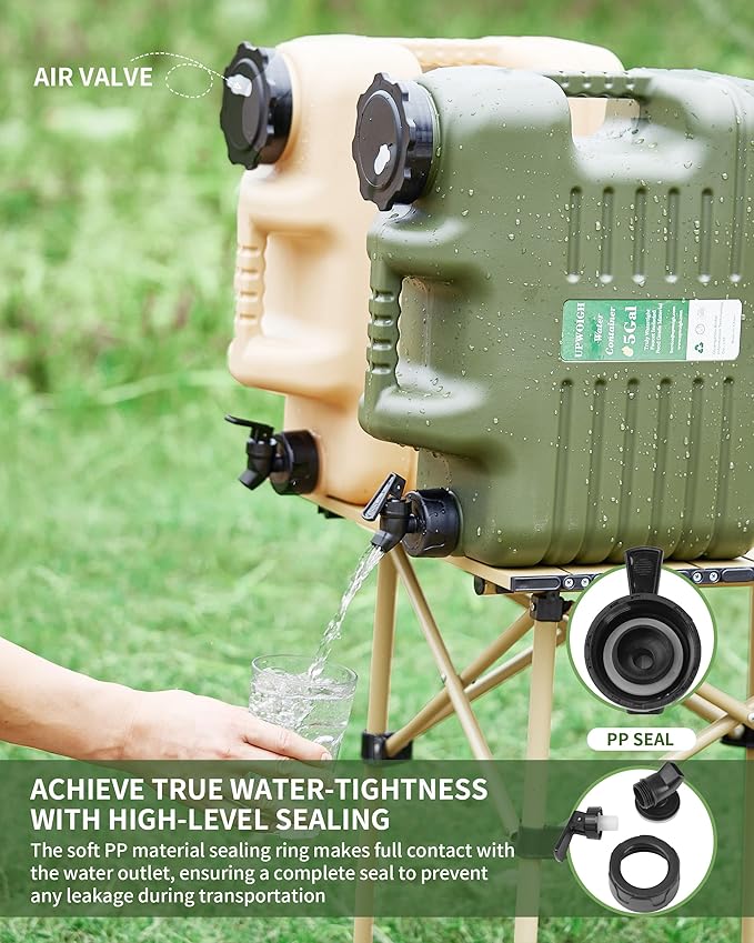 5 Gallon Water Jug and 2.6Gal Collapsible Water Bag Set of 2,Thickened Water Storage Overlanding Gear Containers, Camping Essential Leak-Proof Green Portable Water Tank,BPA Free Outdoors Hiking