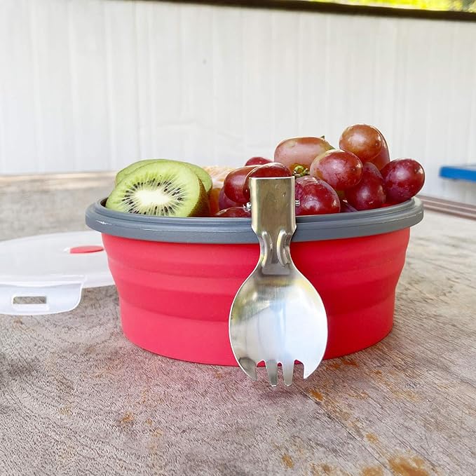 1200ml Collapsible Camping Bowl Silicone Food Storage Container with Lid and Foldable Stainless Steel Fork Spoon, for Picnic, Travel, Camping, RV, Fridge and Microwave Bowls