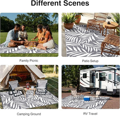 OLANLY Waterproof Outdoor Rug 6x9 ft, Reversible Outdoor Plastic Straw Rug with Leaf Pattern, RV Mat, Indoor Outdoor Carpet for Patio, Camping, Balcony, Deck, Backyard, Grey & White
