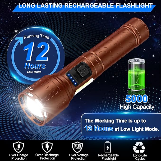 Rechargeable Magnetic Flashlights 100,000 High Lumens, Super Bright LED Powerful Flashlight 8 Modes with COB Work Light, Waterproof Handheld Flash Light for Camping (2 Pack with Paper Box, Brown)