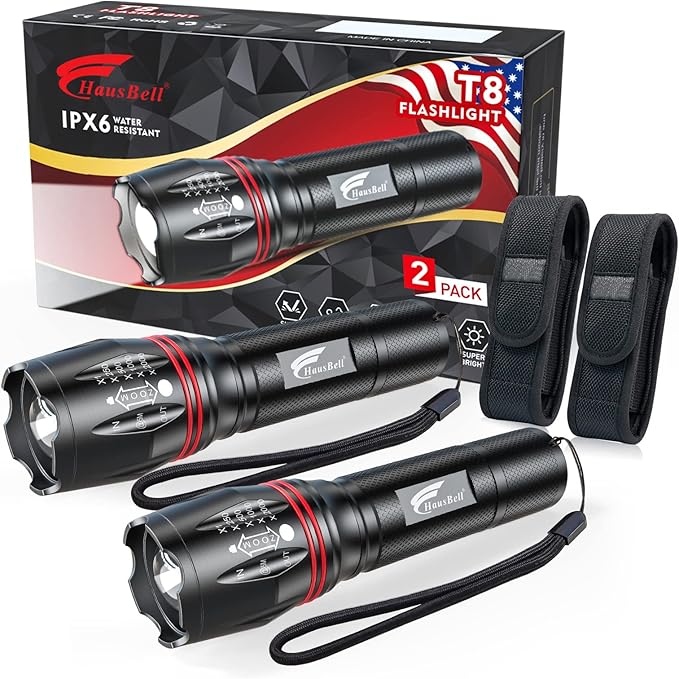 HAUSBELL T8 Upgraded LED Flashlight Bright, Zoomable Tactical LED Flashlights Flash Light with High Lumens and Five Modes and Camping Accessories, 4 Pack