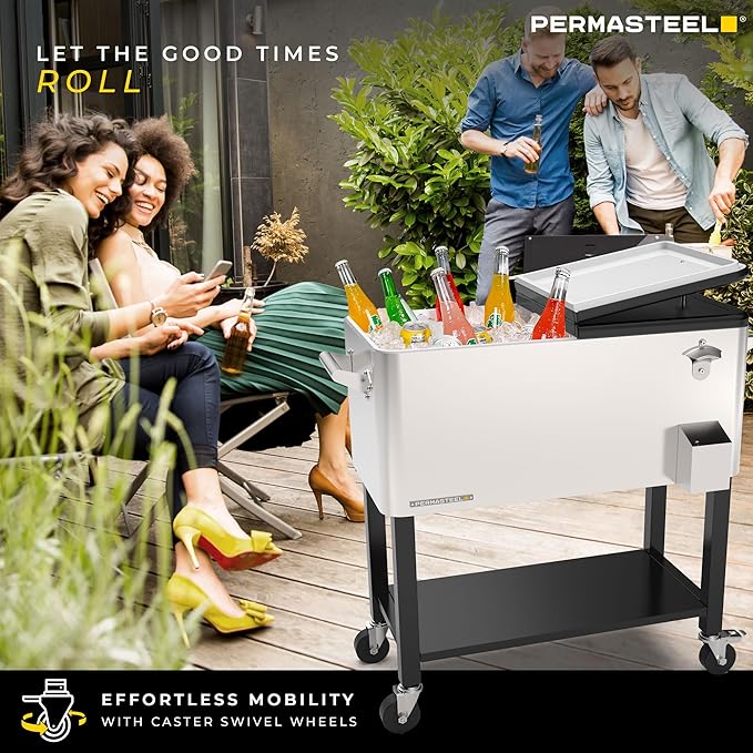 Permasteel 80-Qt Outdoor Patio Cooler with Removable Basin, Outside Beverage Cooler Cart, Rolling Cooler with Wheels and Handles, Stainless Steel