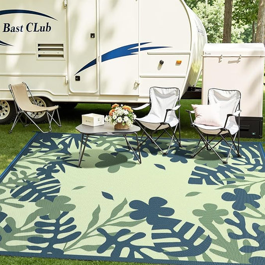 MontVoo Outdoor Rug Waterproof 5x8 ft RV Outdoor Rug for Camping Picnic Mat Outdoor Patio Rug Carpet Plastic Straw Reversible Floral Teal Blue Green