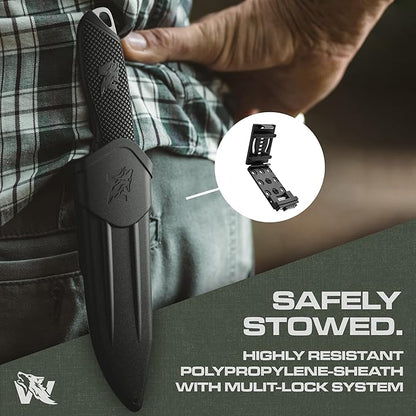 WOLF-II Full Tang Survival Knife with Sheath and Multi Lok - Strong Tactical Fixed Blade Knife - Made of D2 Steel - Bushcraft and Camping Knife - EDC Outdoor Knife with TPE Handle