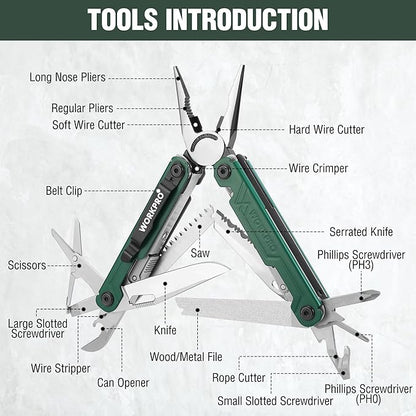 WORKPRO 18-in-1 Multi Tool Pliers, Stainless Steel EDC Multitool with Pocket Knife, 2 Safety Locks, Belt Clip and Oxford Pouch, Multipurpose Utility Multiuse Tool for Camping Outdoor Activities
