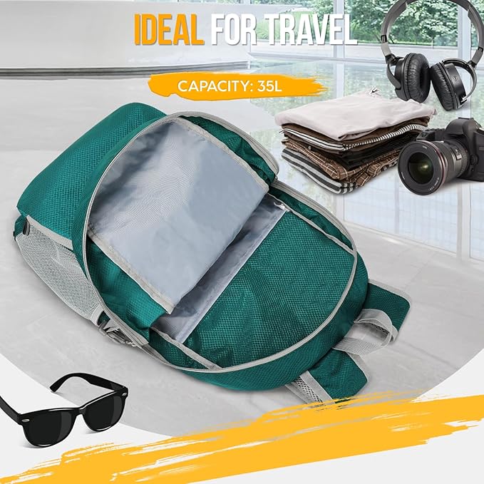 ZOMAKE Lightweight Packable Backpack 35L - Light Foldable Backpacks Water Resistant Collapsible Hiking Backpack - Compact Folding Day Pack for Travel Camping(Lake Green)